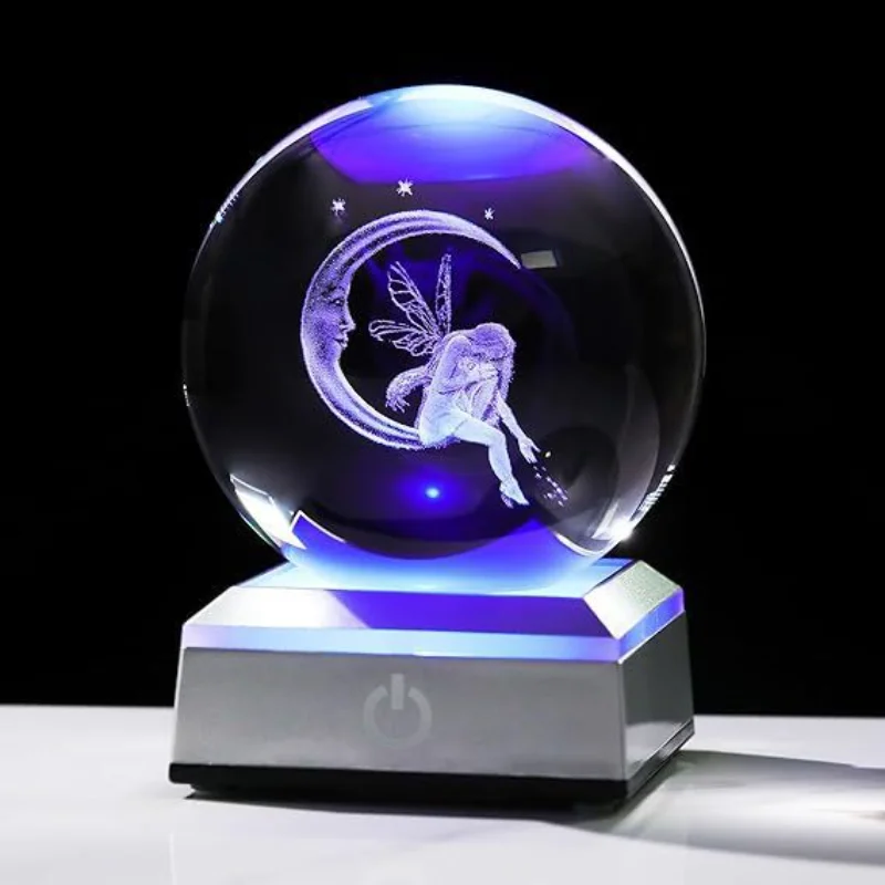 Creative 3D laser-engraved crystal ball night light, Saturn and Sun series, decorative ornament, birthday gift, 8cm sphere