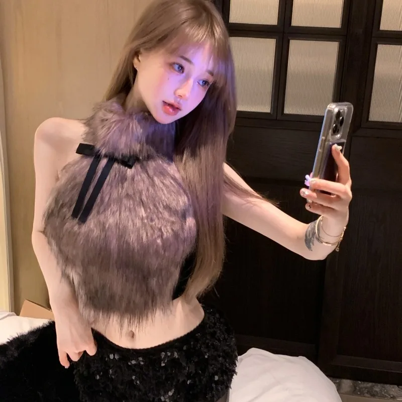 

Design Sensation Small ence Knot Furry Vest Women's Outerwear Winter ort Sle Korean Faion No Brand