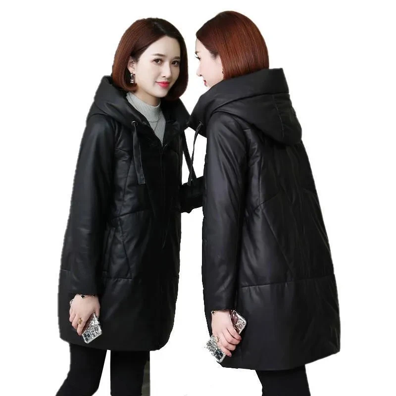 Veste en cuir PU à capuche mi-longue pour femme, vestes en coton chaud pour femme, vêtements d'extérieur élégants, 6XL, hiver, mode