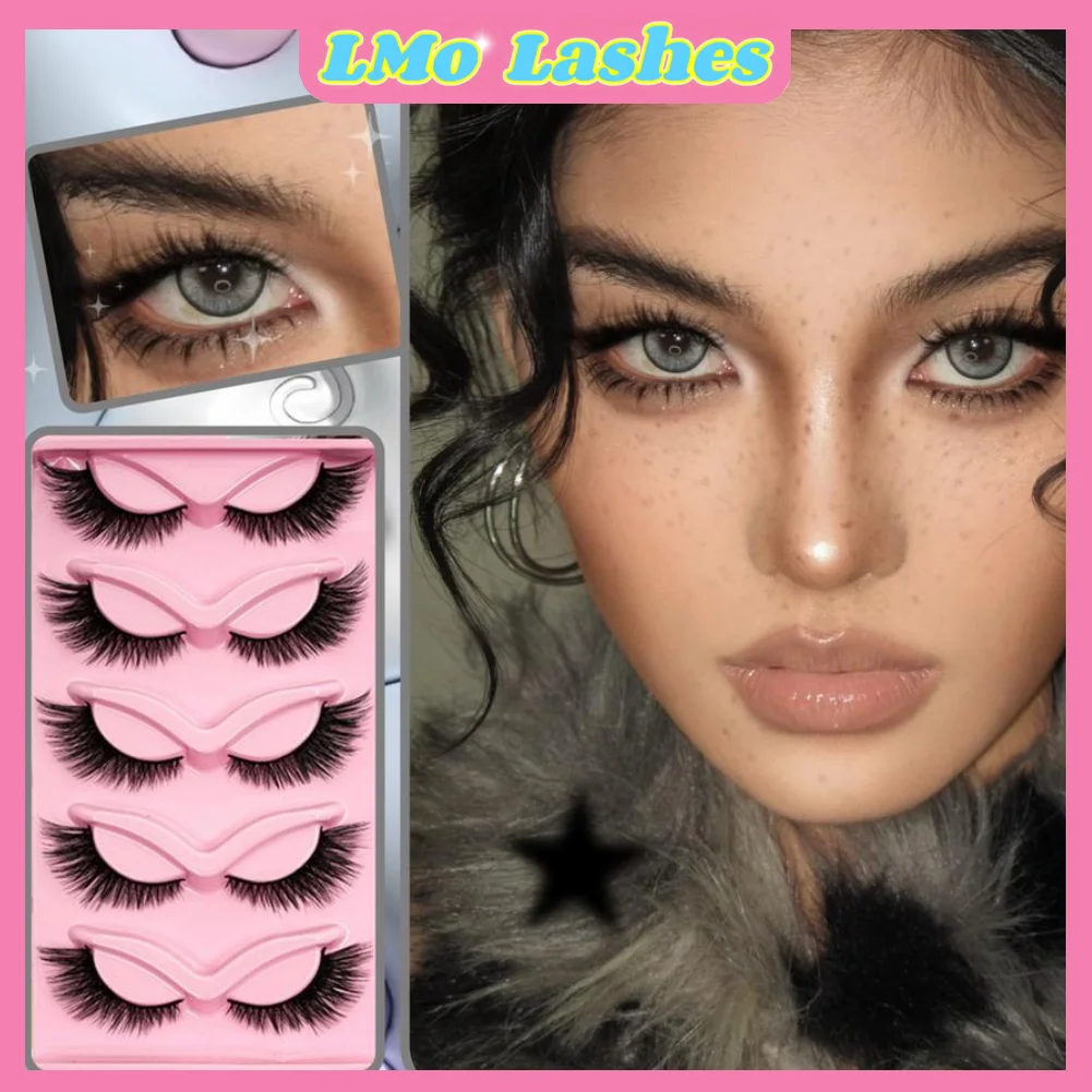 5 Pairs Cat Eye Manga Lashes Faux Eyelashes Wispy Fluffy Winged Tips Eye Elongated Natural Long False Lashes for Daily