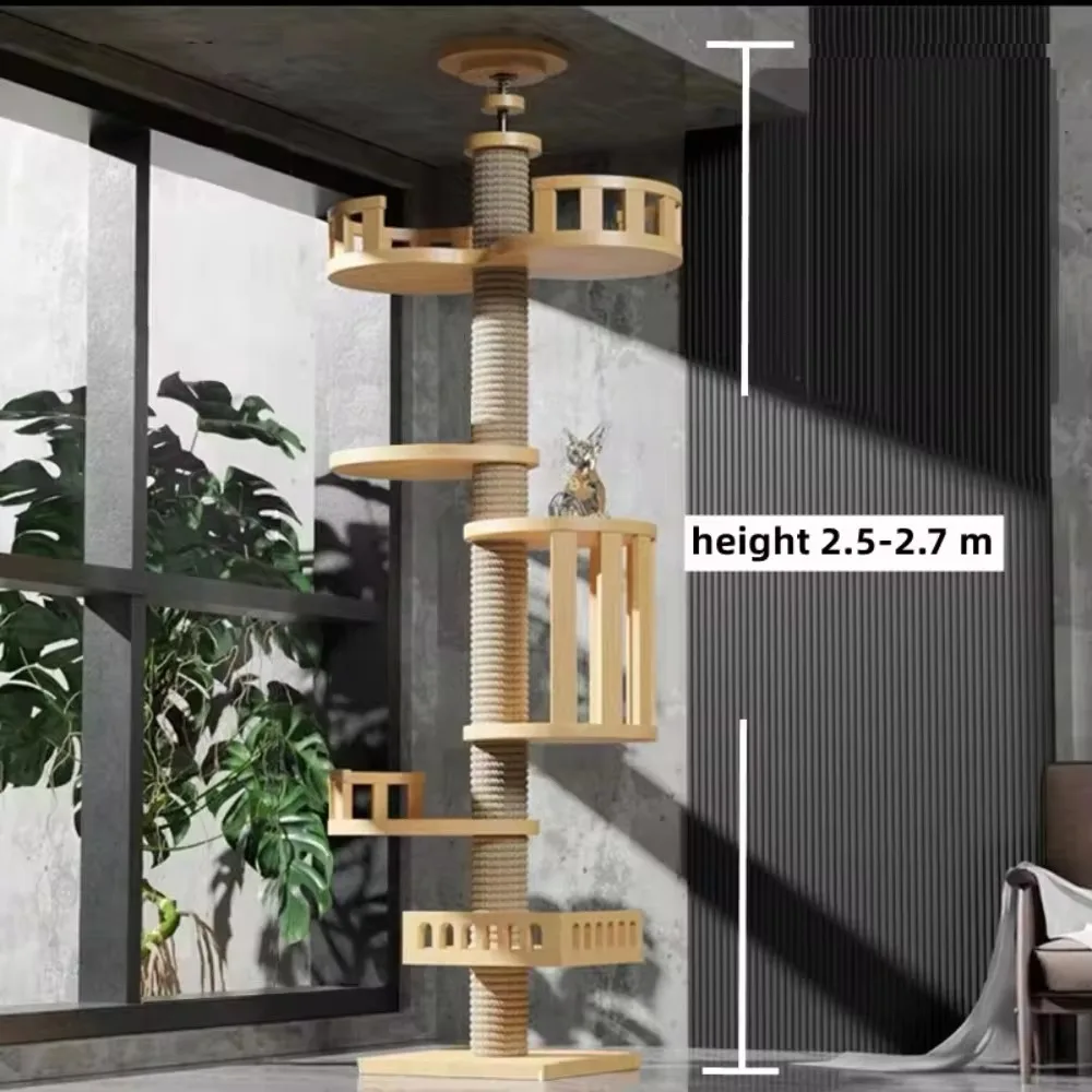 Indoor Cat Climbing Frame Height Adjustable Cats Tower Wooden Cattery Climb Pillar Kitten Scratching Posts Hammock Pet Furniture