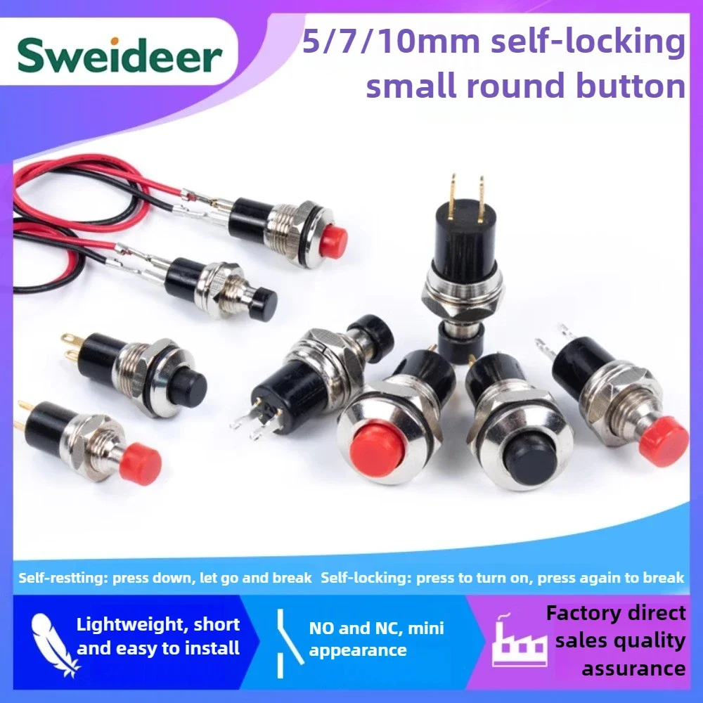 5/7/10mm PBS-110 PB05A Tricolor Small Circular Pin or Wiring Metal Button IP65 Self Resetting Self-locking Jog Switch 3-24V