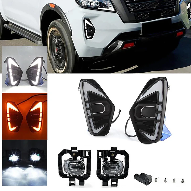 2Pcs Front LED Fog Lights And 2Pc DRL Lights With Wiring Harness Kit Fit For Nissan Navara NP300 Frontier 2020-2022 LED Car Lamp