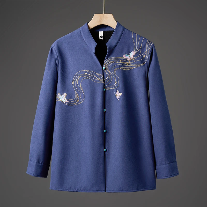 Men Retro Stand Collar Shirt Autumn Winter Men Harajuku Embroidery Shirts Men Casual Fleece Shirt Man Chinese Style Kimono Shirt