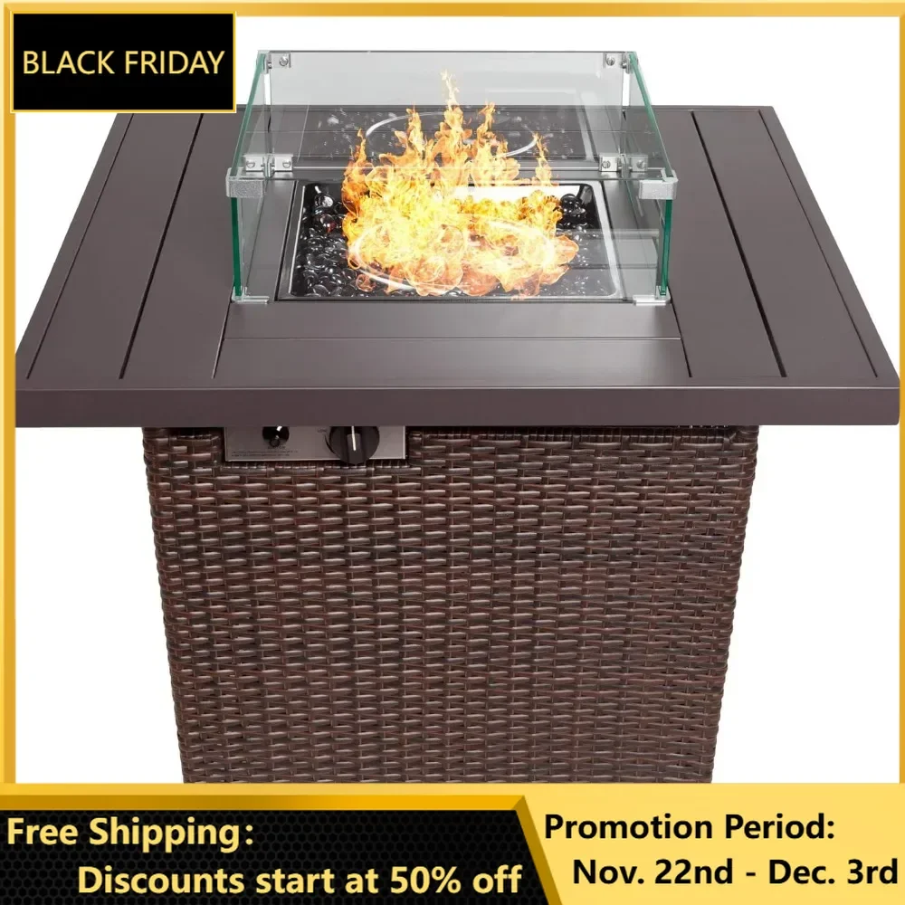 

32in Fire Pit Table, 50,000 BTU Outdoor Wicker Patio Propane Gas w/Glass Wind Guard, Aluminum Tabletop, Glass Rocks, Fire Table