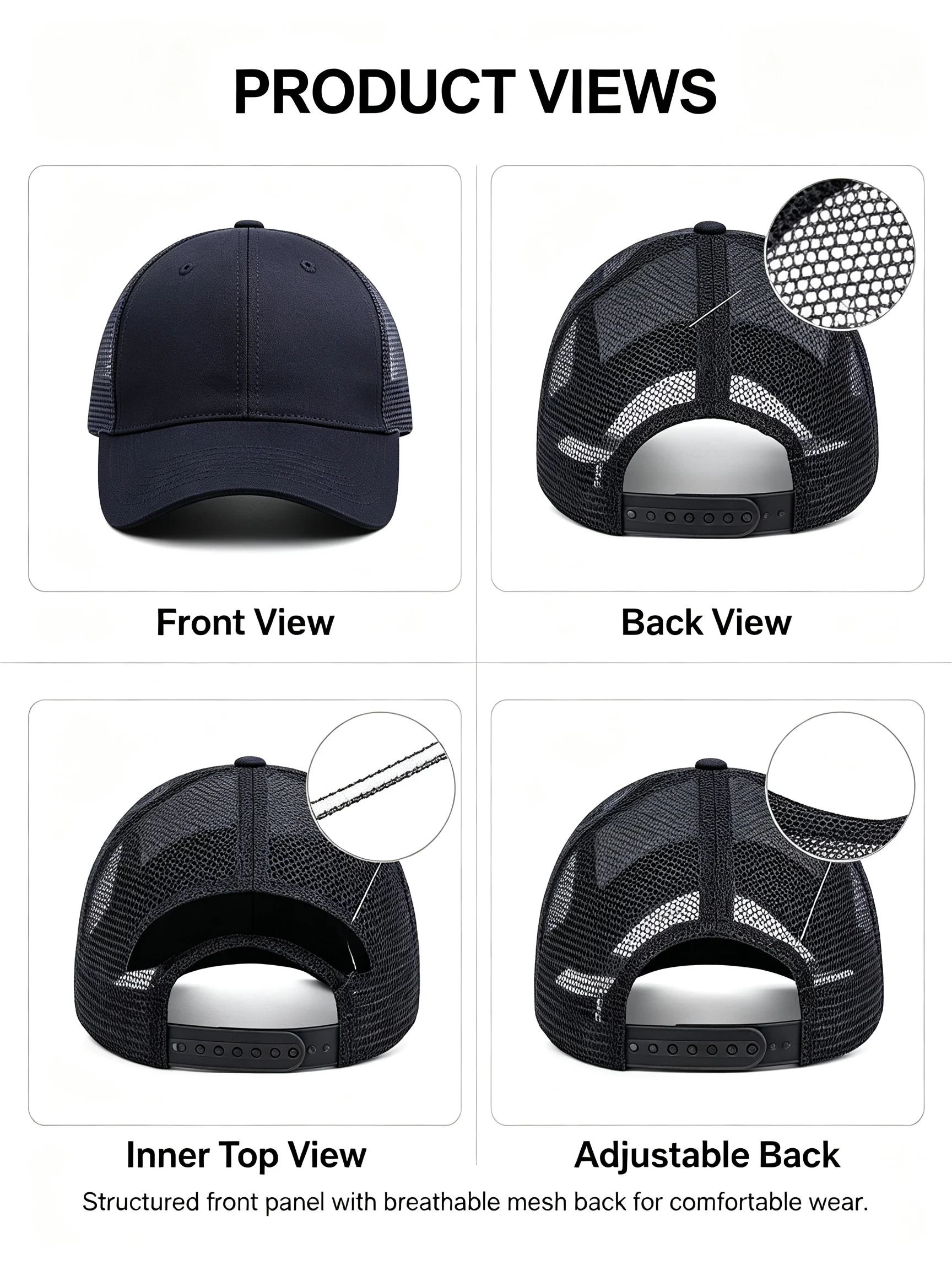 Größen 55–60 cm, verstellbare Snapback-Baseball-Trucker-Basic-Baseballkappe, einfarbig, für Herren und Damen, Mesh-Arbeit, Spleißen, Unisex, mehrere – Detail 5