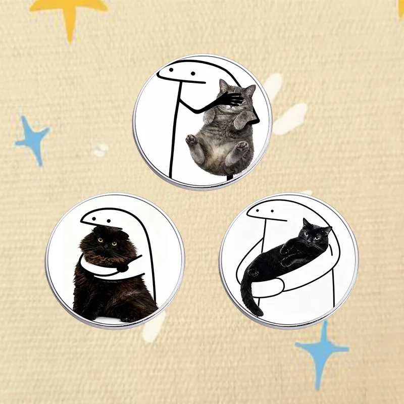 Funny Flork Meme Cat UV Printing Badges Stick Figure Hug Kitty Lapel Pin Round Metal Brooch For Jacket Backpack Decoration