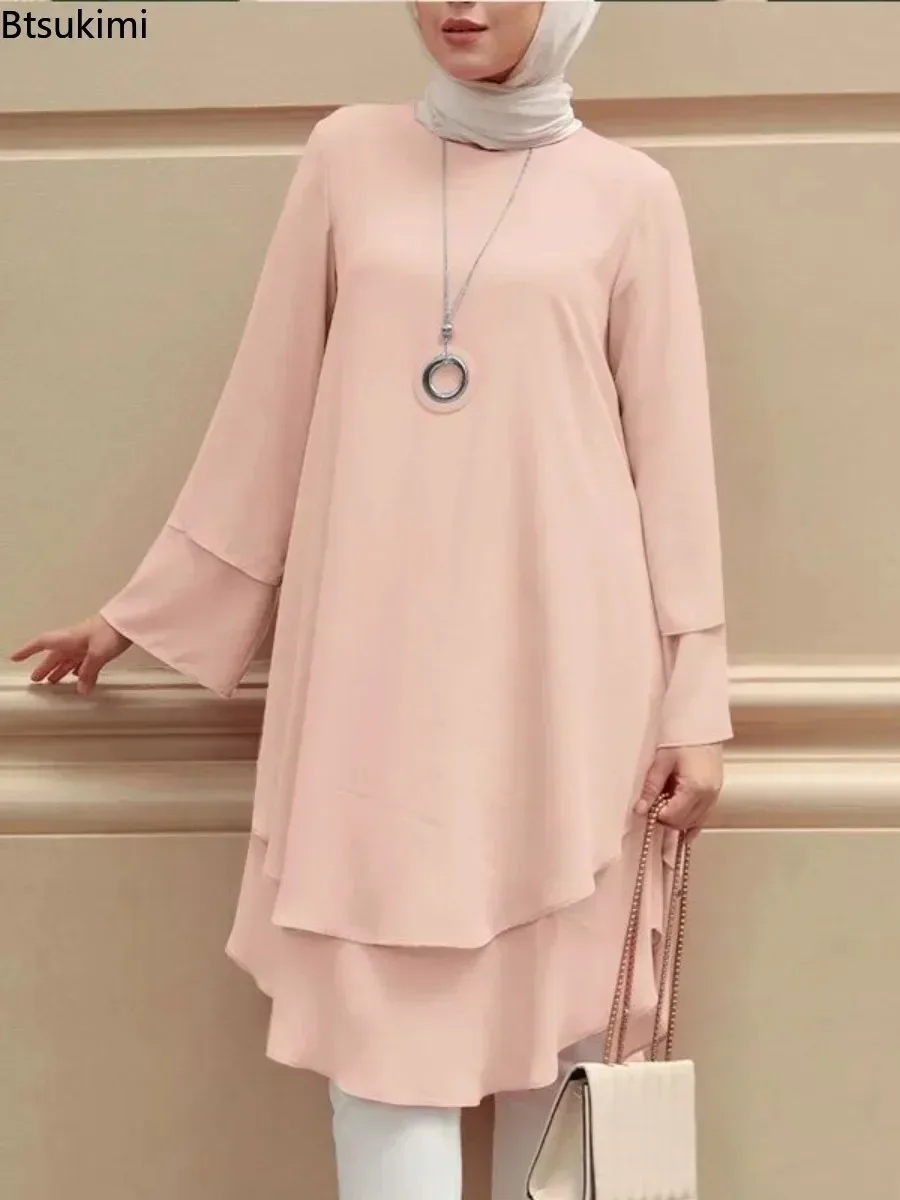 New Women Muslim Blouse Fashion Two-layer Design Elegant Female Holiday Party Solid Shirt Tops Turkey Long Robe Abaya Hijab 2026