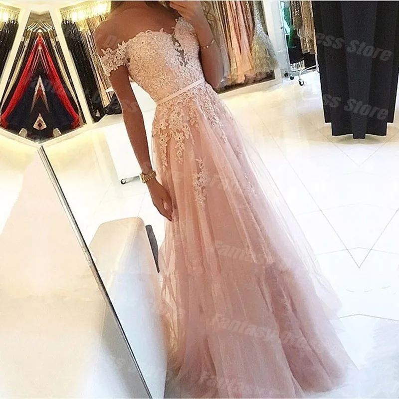 Elegant Pink Off Shoulder A-Line Prom Dresses Decal Beaded Tulle High Waist Evening Dresses For Women فساتين مناسبة رسمية