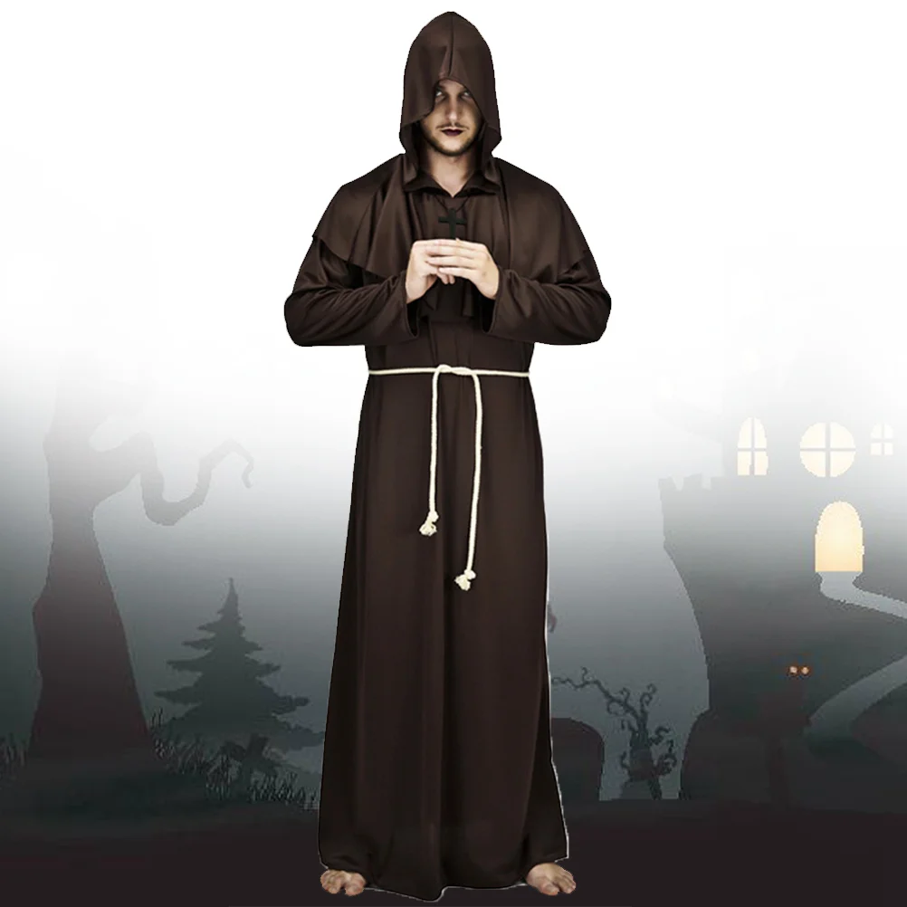 Medieval Priest Monk Robe Hooded Halloween Cosplay Costume Cloak for Wizard Sorcerer - Size XL (White)