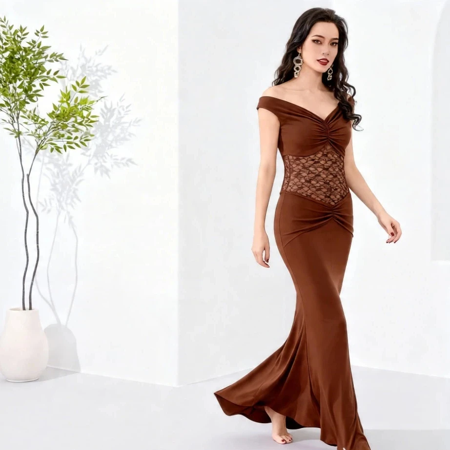 Trajes de Danza del Vientre con Diseño de Cuello en V y Hombros Descubiertos, el Vestido Puede Usarse como Ropa de Práctica Diaria de Danza Oriental para Mujeres