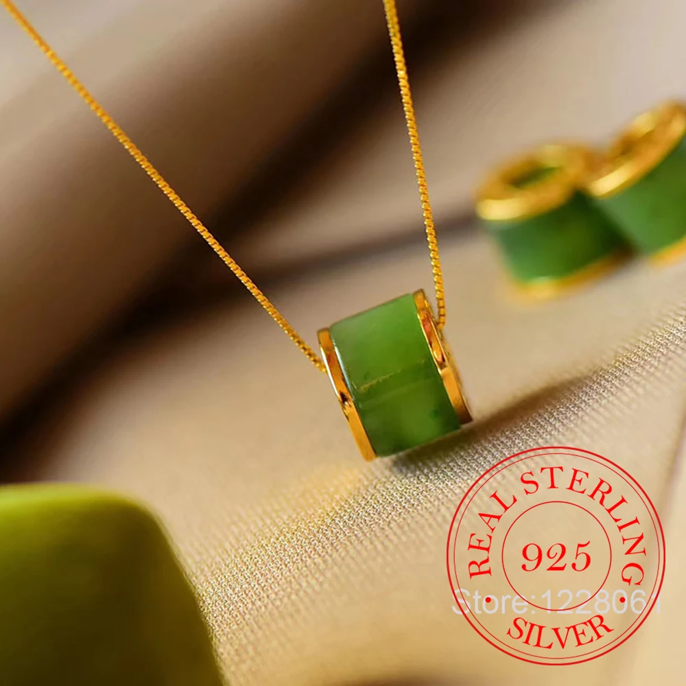 

925 Sterling Silver Jewelry Natural Jade 24K Gold Plated Necklace Pendant for Women Wedding Party Jewelry For Girls Friend Gift