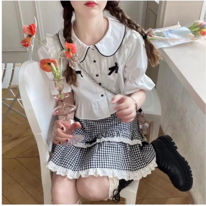 Deeptown Kawaii Plaid Women Short Skirt Lolita Ruffle Japanese Style Lace Bow Mini Skirts Cutecore Sweet Pleated Preppy Skirt