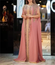 Pink/Black/Red Chiffon Luxury Evening Gown V Neck Cape Sleeve Slit To Floor Gold Lace Appliqué Moroccan Muslim Tunic 2023