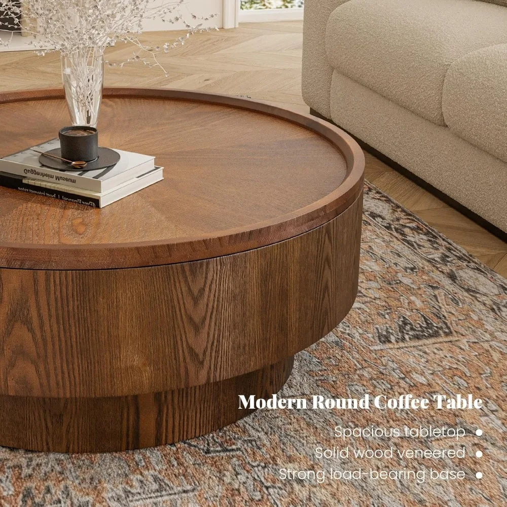 Modern 30.7" Circular Rustic Handcrafted Coffee Table with Storage and Removable Lid