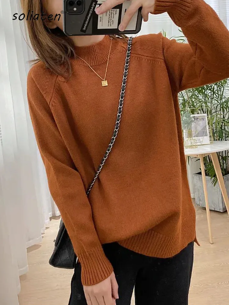 Women Mock Neck Pullovers Sweater High Quality Oversized Jumper Split Fall Winter Clothes Beige Purple Green 8 Colors  C-114