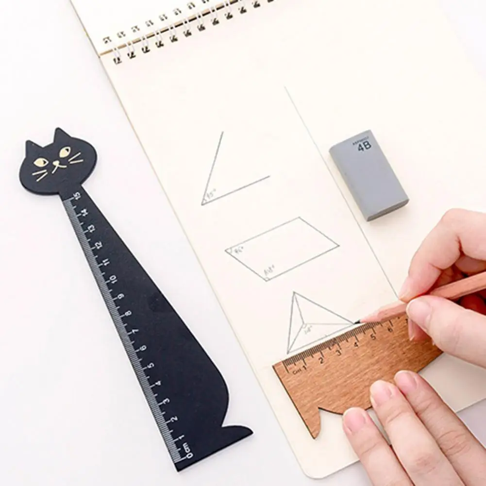 Straight Ruler Retro Sturdy Clear Scale Stationery Cartoon Cat Wooden Drawing Ruler for School Measuring Drawing Office Supply