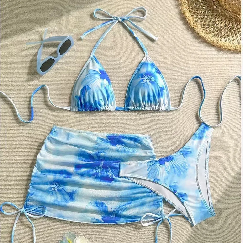 Conjunto de Bikini Sexy de 3 piezas para mujer, traje de baño dividido estampado con correa para el cuello, traje de baño con falda cubierta, traje de baño Biquine Brasileiro
