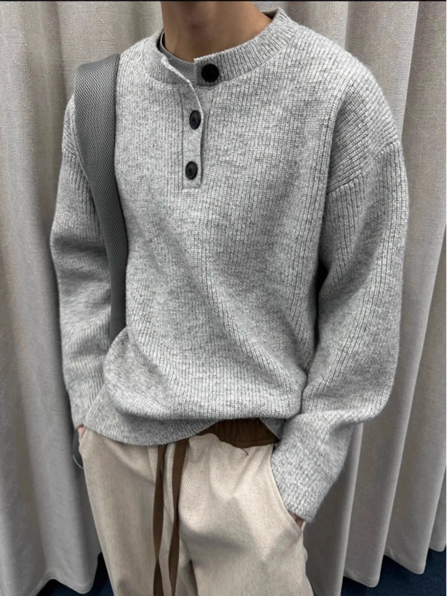 

Мужской трикотаж с воротником Генри Cleanfit, мягкий свободный крой, винтажная внутренняя одежда, ленивый слей, осень-зима, элитное ощущение