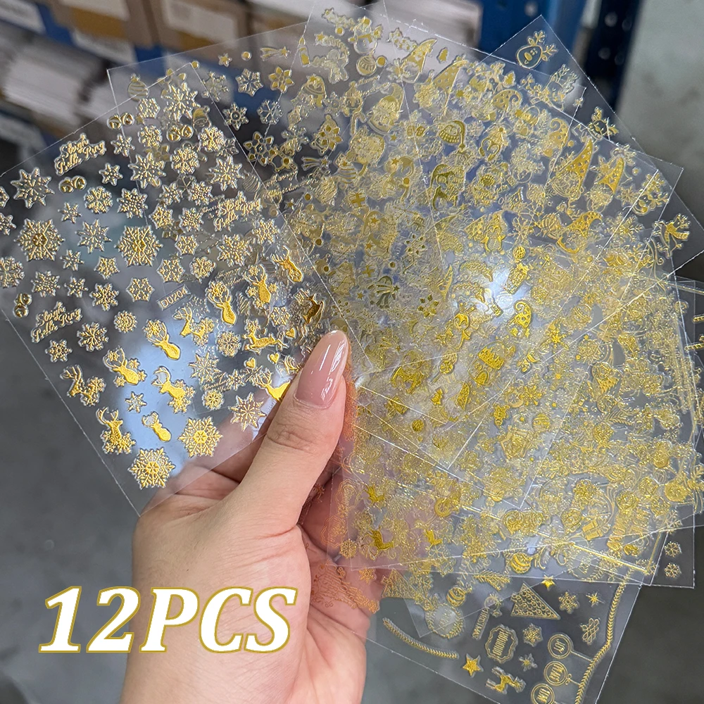 12pcs/set Golden Christmas Santa Claus Nail Art Sticker 3D Laser Gold Snowflake Elk Xmas Tree Nail Slider Winter Snowman Nail De