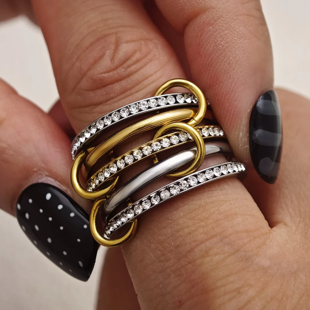 Conjunto de cinco piezas de anillos apilables de acero inoxidable, diseño de dos colores, circón ostentoso, Spinelli Kilcollin, joyería, regalos para mujer