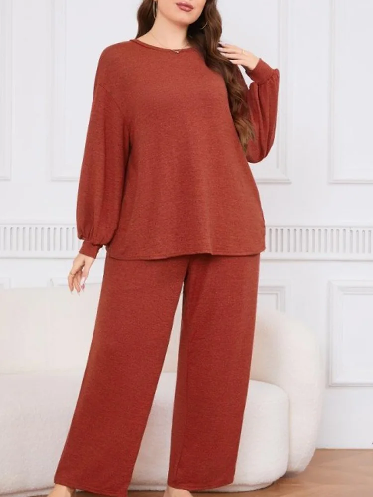 GIBSIE Plus Size Two Piece Set for Women Spring Fall Loose Long Sleeve O-Neck Tops Home style Wide Leg Pants Casual Outfits