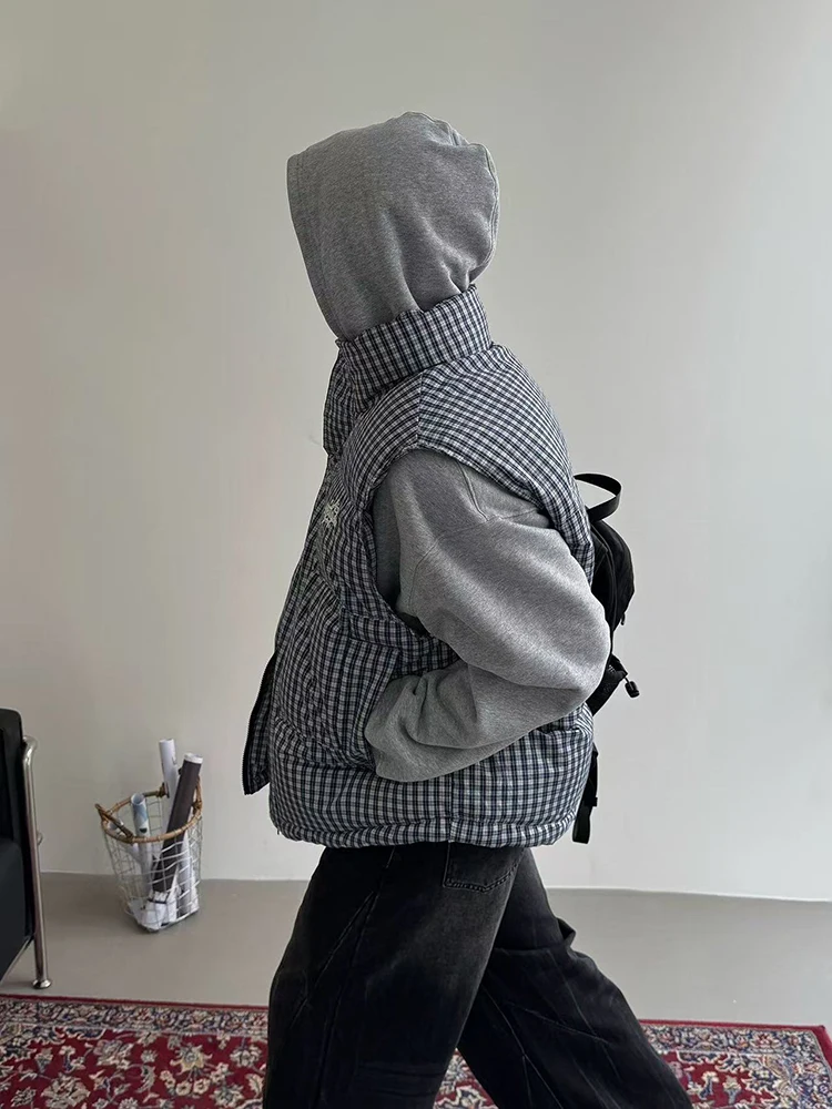 سترة شتوية دافئة سترات نسائية Y2K موضة منقوشة فضفاضة بياقة واقفة سترة Bf ملابس الشارع بدون أكمام معاطف منفوشة للأسفل #3