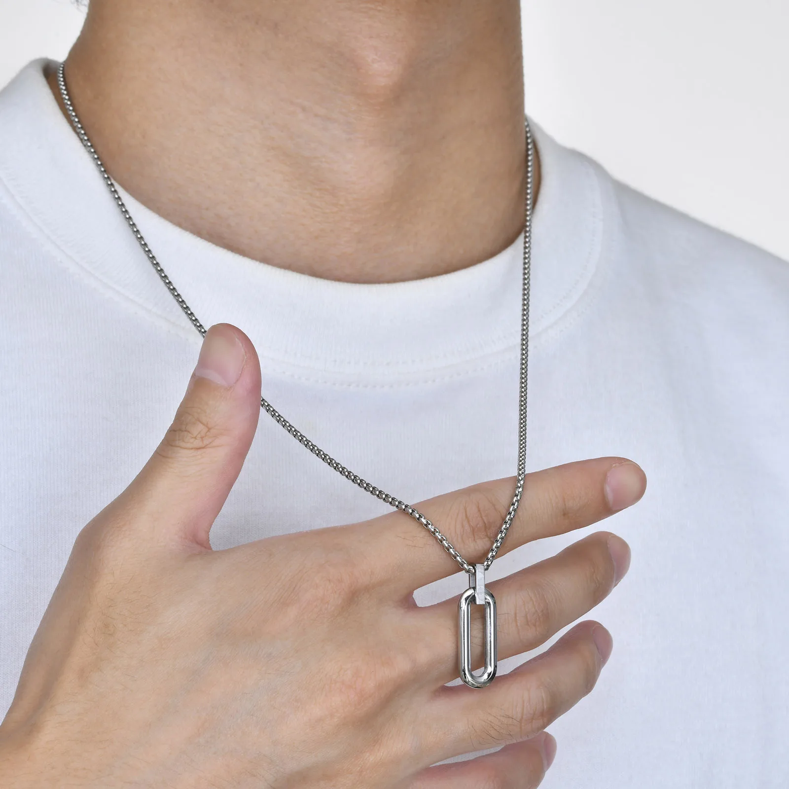 Men Geometric Necklaces, Waterproof Stainless Steel Hollow Pin Shaped Pendant with Box Chain Collar, Gifts for Him Jewelry