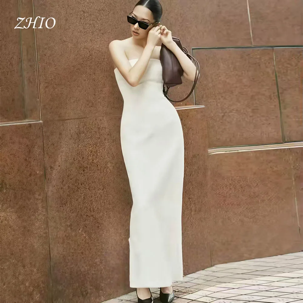

ZHIO Simple Strapless Ivory Satin Evening Dress Fitted Maxi Skirt Back Slit Formal Party Dresses Prom Gown Customized Elegant