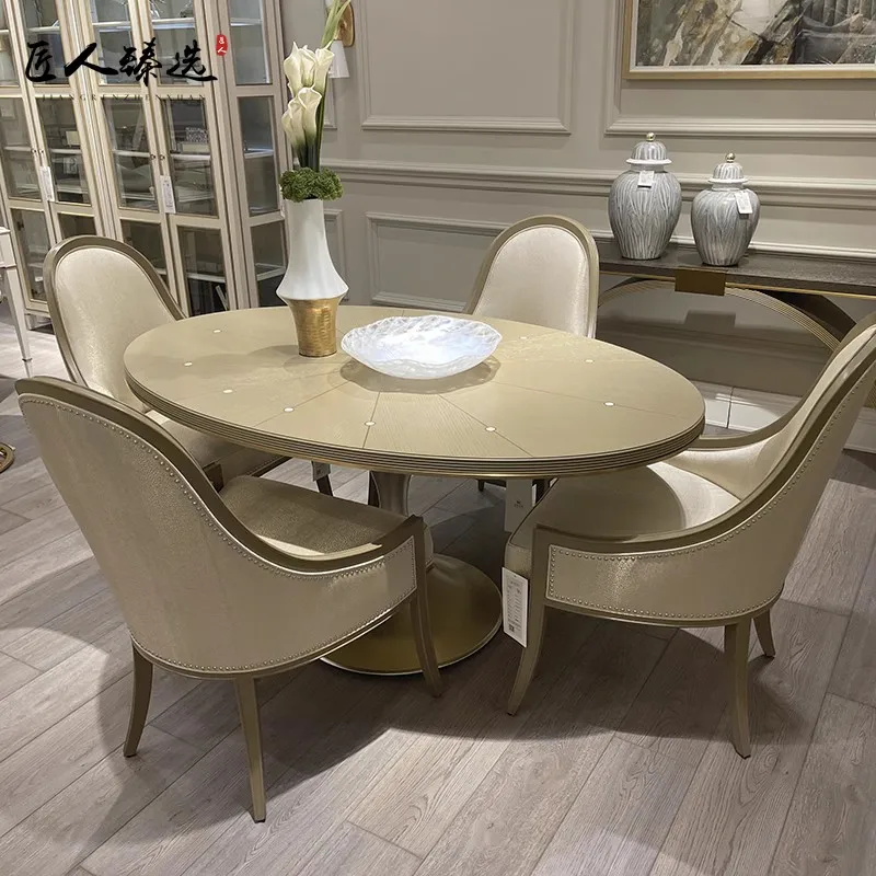 

American art furniture Meijia same Senna light European light luxury dining table, solid wood carving gold round dining table