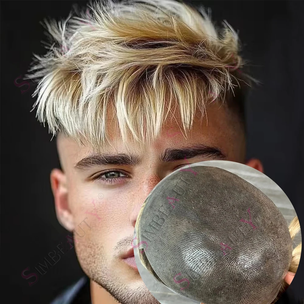 

Men's Ombre Platinum Blonde 4t/613# Brown 100% Human Hair V-looped PU Toupee for Men 0.06mm Skin Base Hair Grey Prosthesi System