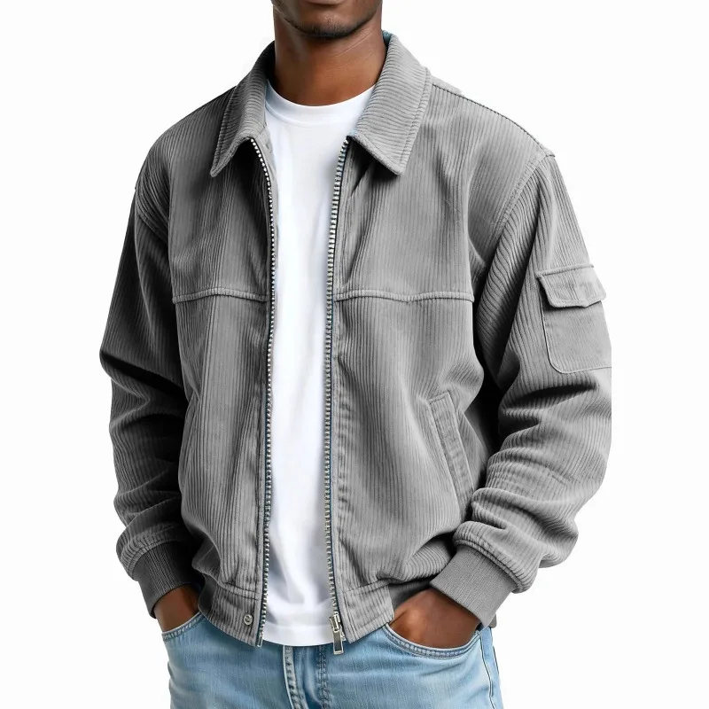 Men Corduroy Turn Collar Zipper Jacket Solid Color Multi Pocket, Vintage Long Sleeve Casual Outerwear Fall and Winter Men Jacket