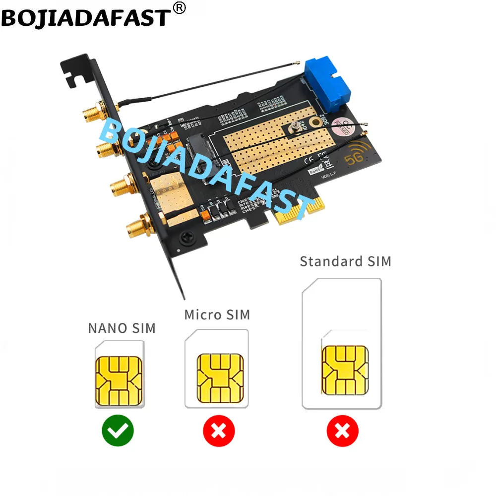 Desktop PCI-E 1X To NGFF M.2 B-Key Wireless Module Adapter Card With 2 Nano SIM Slot 4 Antennas For 5G 4G LTE Modem