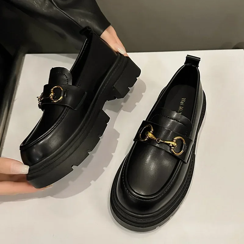

Fashionable Versatile Small Leather Shoes Women's 2025 Style Mocassin Buckle Thick Heel Casual Shoe Comfortable Round Toe Male