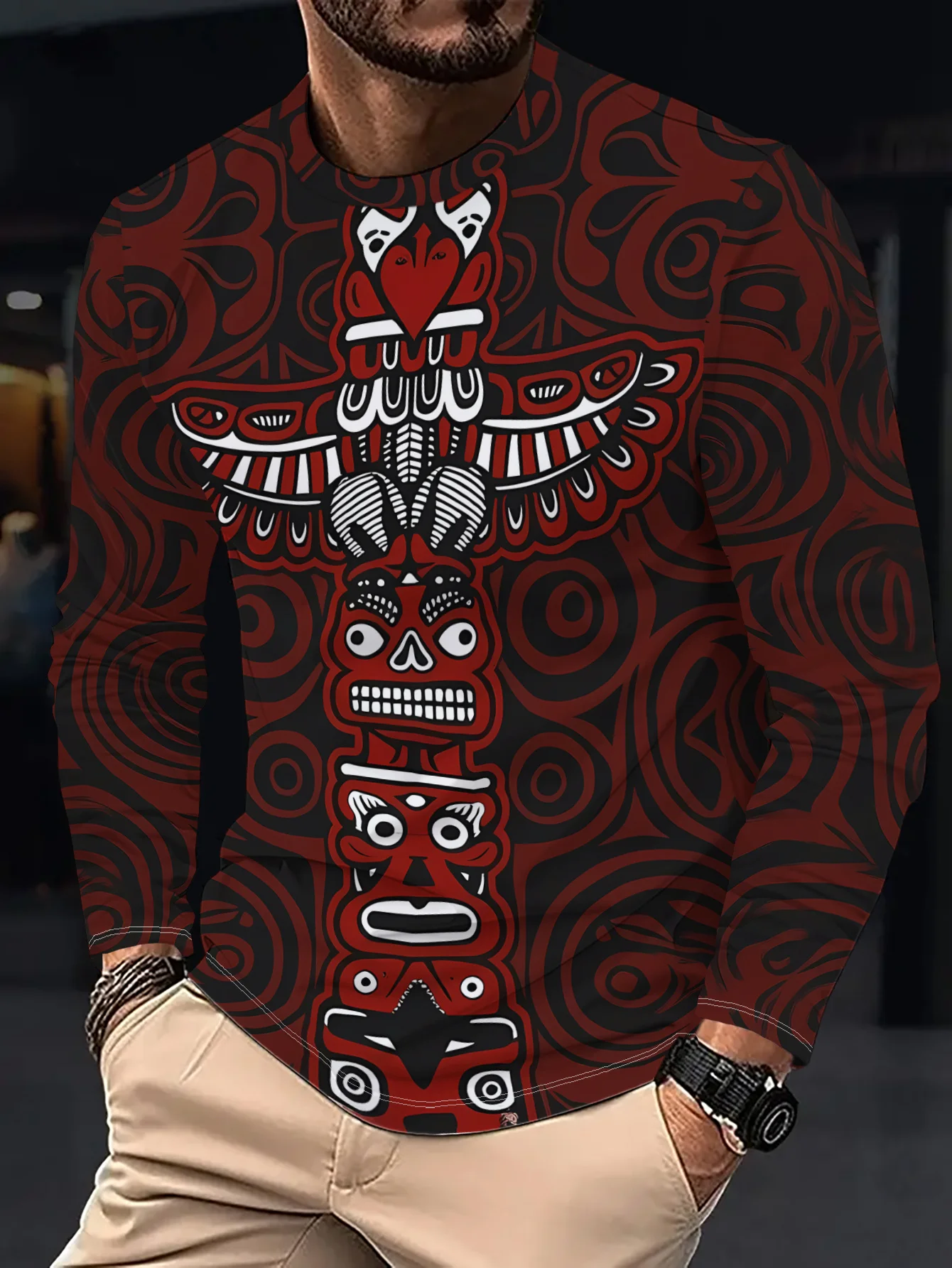Men Long Sleeve T‑Shirt Tribal Totem Eagle Mask Geometric Pattern Print Crew Neck Ethnic Street Tops