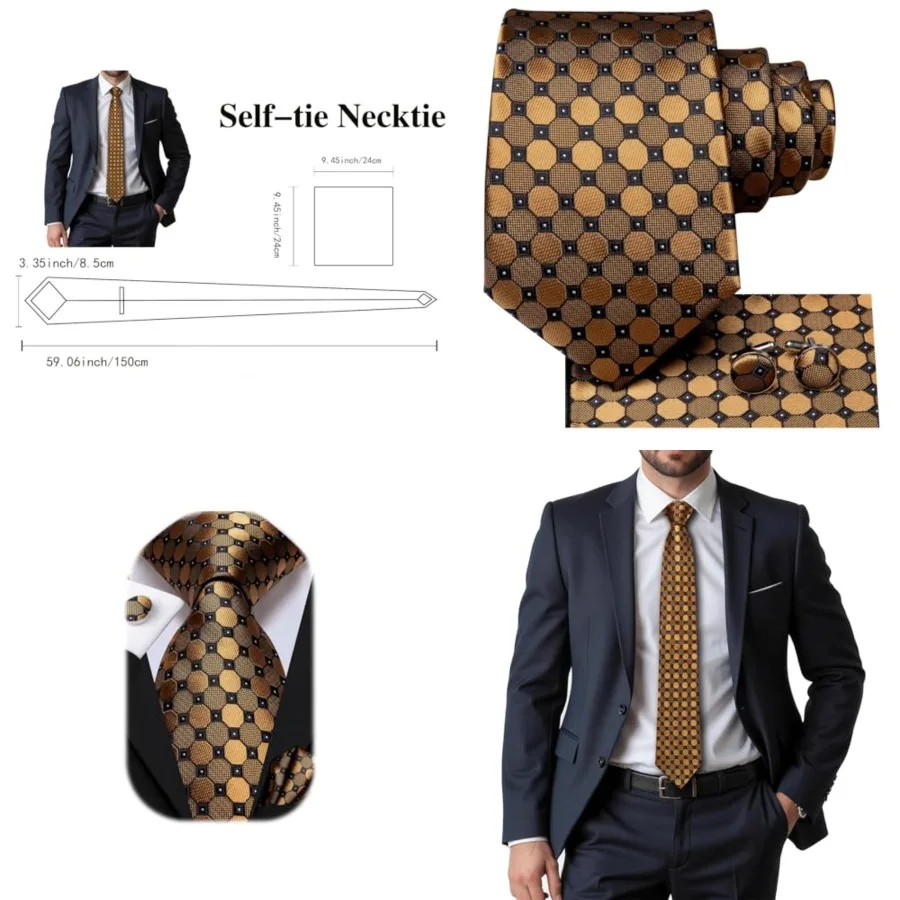 

Mens Tie Set Solid Paisley Silk Striped Necktie for Men with Cufflinks Tie and Pocket Square，A Black Brown Bronze