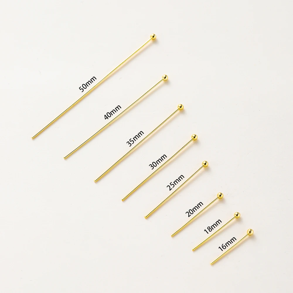 100Pcs 16-50mm 14/18K Real Gold Brass Eye Flat Head Pins Needle Ball Head Pins Pendant Connectors For Jewelry Making Findings