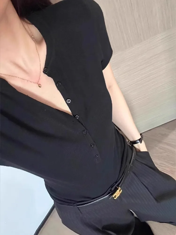 T-shirt da donna lavorata a maglia in seta di ghiaccio ort Sve V-Ne Slim Fit Summer Commute Sle Coreano Faion Abbigliamento interno casual Top