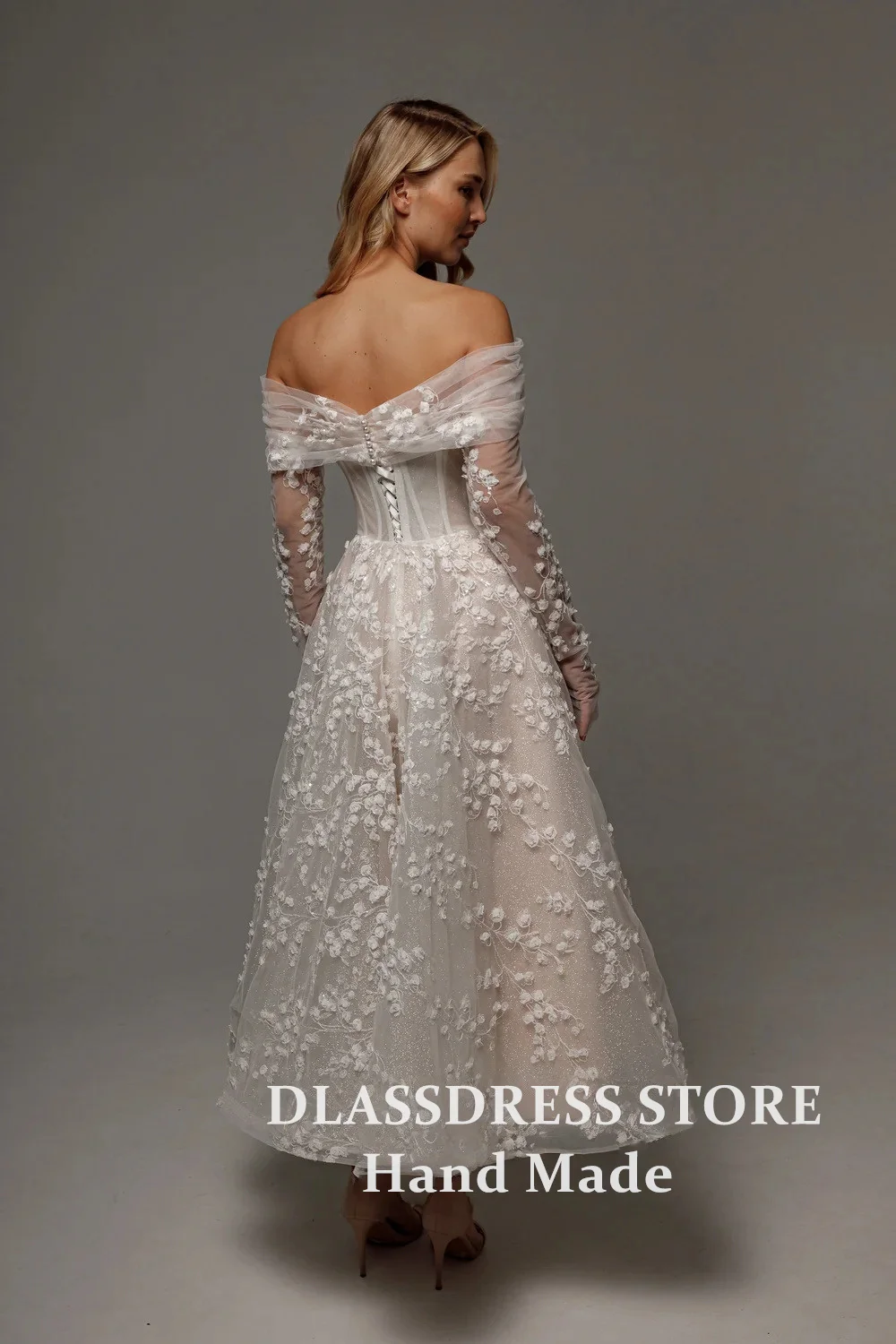 DLASSDRESS Customized Lace Applique 3D Flower Midi Wedding Dresses Long Sleeves Off the Shoulder A-Line Civil Bride Gown 2027