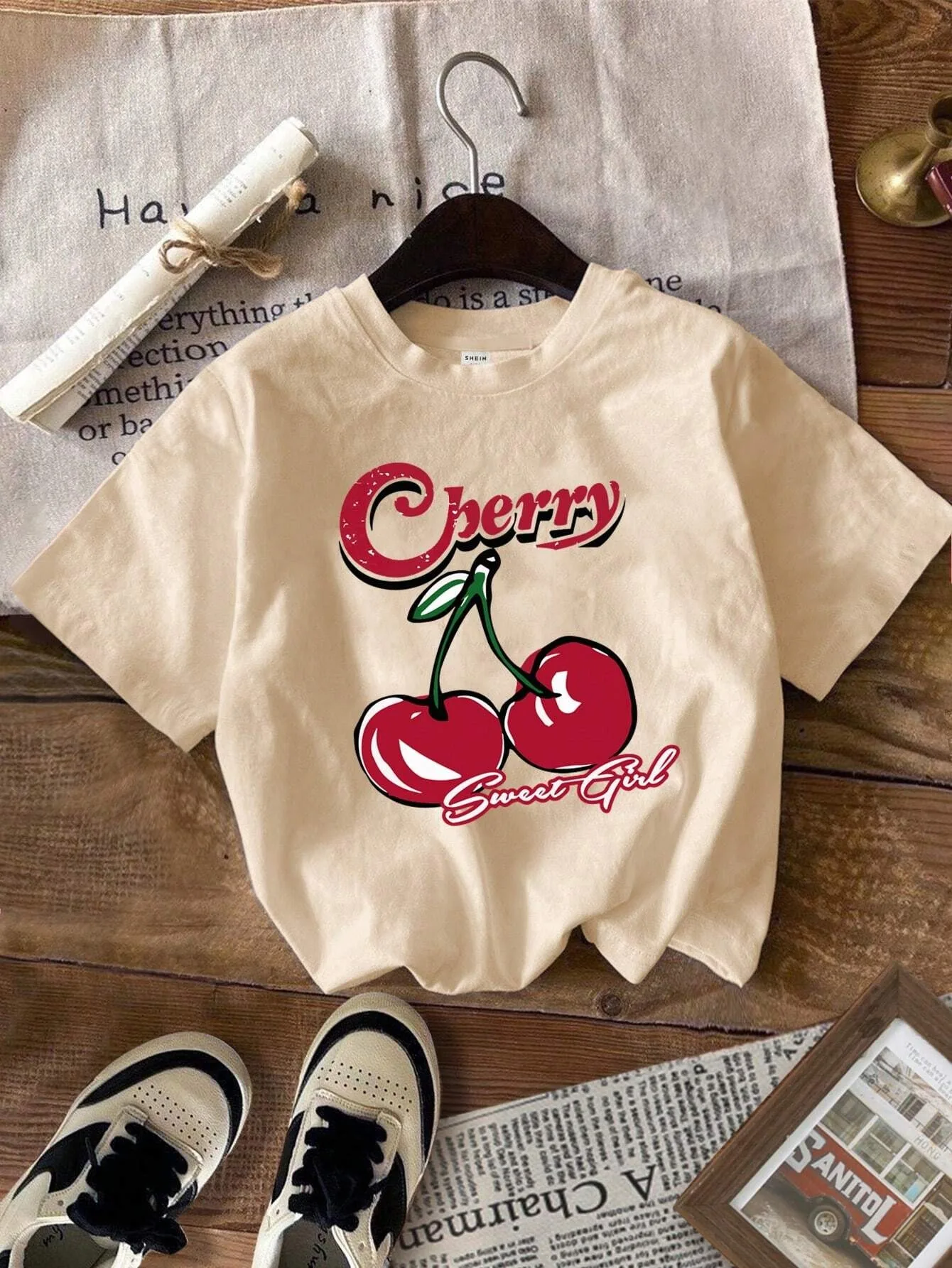 Korean Style Simple Fruit Cherry Print Cotton T Shirt For Kids Adults Trendy Street Harajuku Tees Daily Girls Summer Sweatshirts