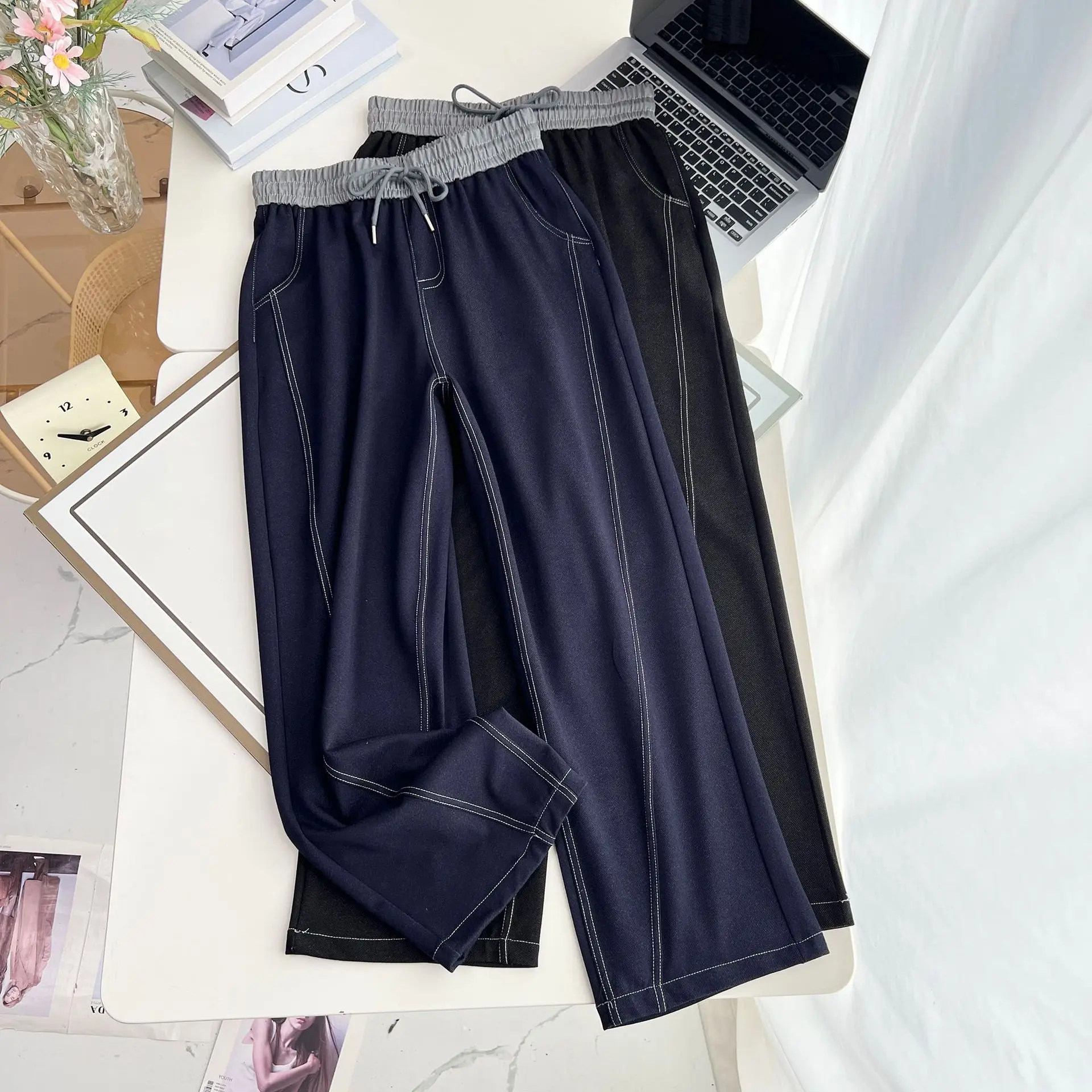 Осенний новый стиль, повседневные прямые брюки с завязками на талии и цветными блоками, модные женские джинсы больших размеров