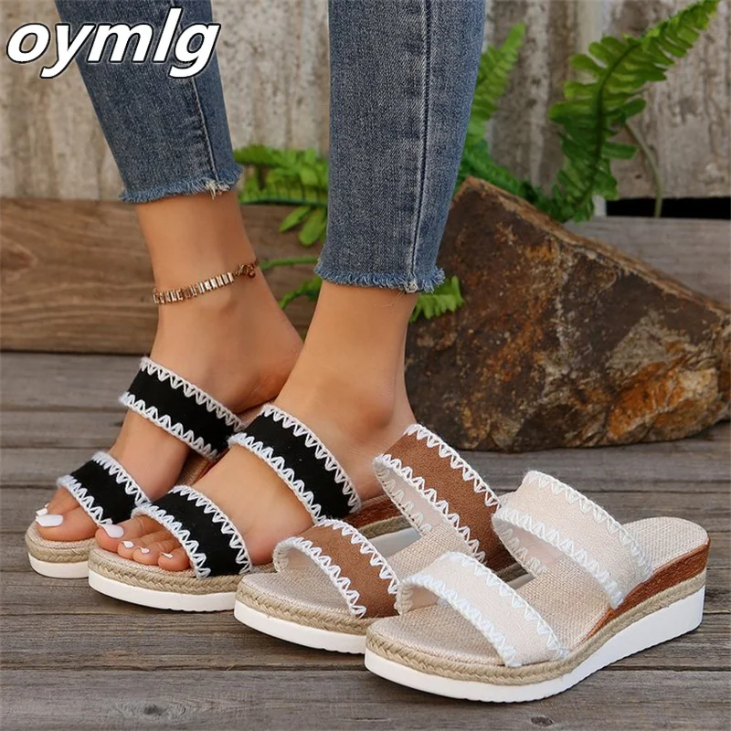 Women's flip flops women's sponge cake thick soled wedge sandals casual outerwear hemp rope wide stripe sandal with exposed toes