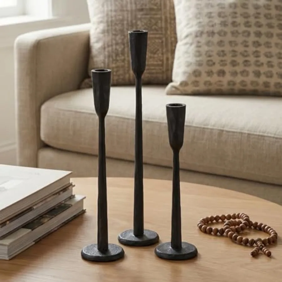 

Iron Taper Candle Holder Set of 3, Heavy Wrought Iron Candlestick Holders Decorative Candle Stand, Vintage Candle Holder for We