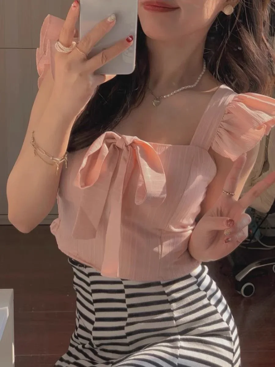 

Summer Solid Ruffled Camis Women Square Neck Sleeveless Bow Elastic Waist Strap Top Ladies Sweet Korea Short Tank top