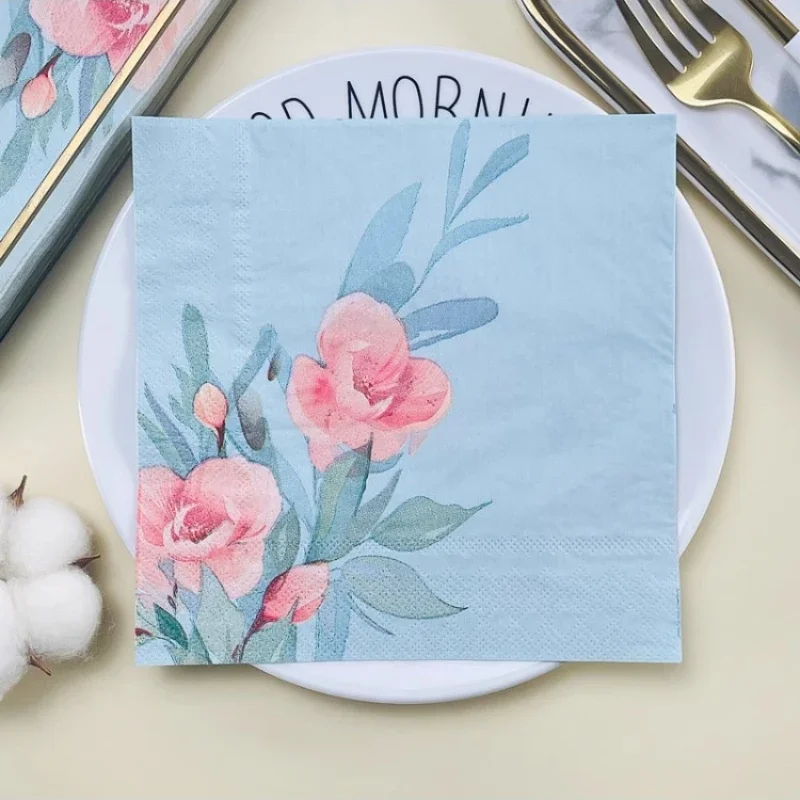 20pcs/Pac 33*33cm 2-Ply Colourful Napkins Pink Flowers Blue Bottom Printed Paper Napkins Household Disposable Placemat Paper