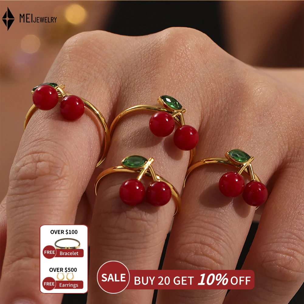 Simple Design Stainless Steel Non fading Cherry Green Cubic Zirconia Open Adjustable Ring Women