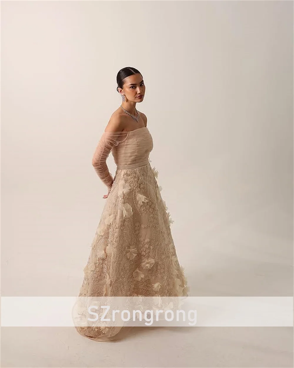 Anmutiges Brautjungfern-Partykleid mit U-Boot-Kragen, Tüll, Blumen-Pailletten, Spitze, A-Linie, bodenlang, Abendkleid mit Schnürung am Rücken, individuell gestaltet