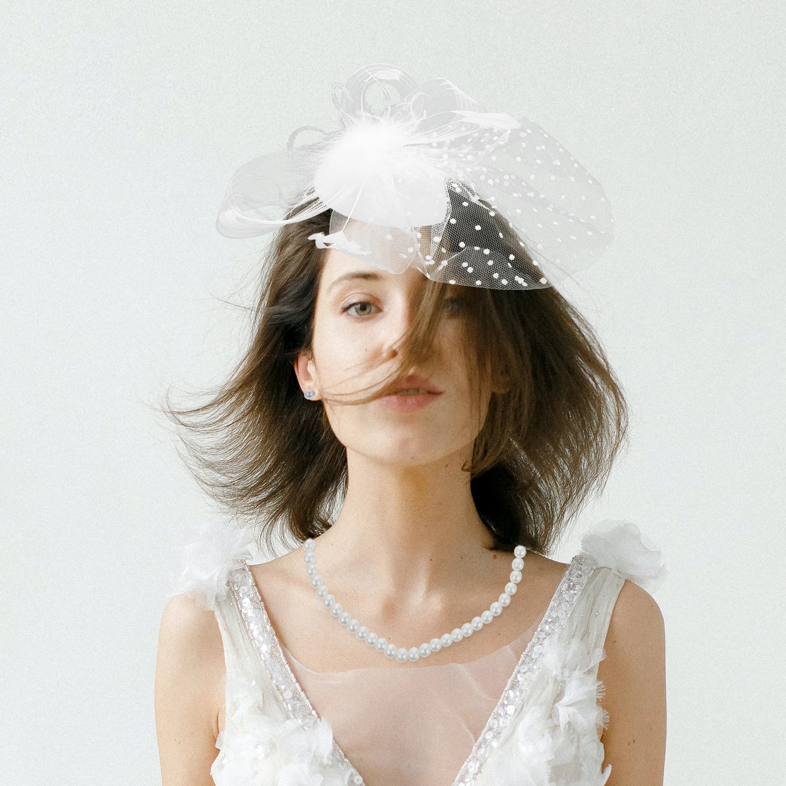 

Headb Women Gauze Hairpin Mesh Decoration Banquet Headwear Party Gloves Pearl Necklace Ear Studs Wedding Church