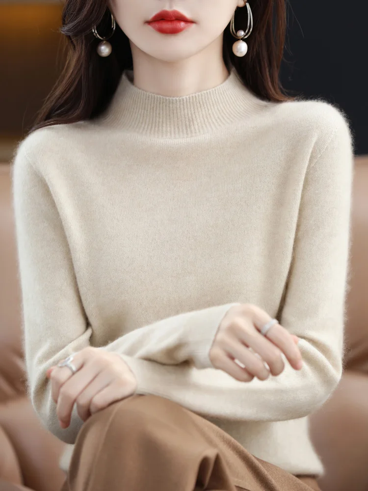 Fashion 100% Merino Wool Sweater Women's Mock-Neck Knitwear Cashmere Pullovers Autumn Winter Long Sleeve Jumpers Clothing Tops