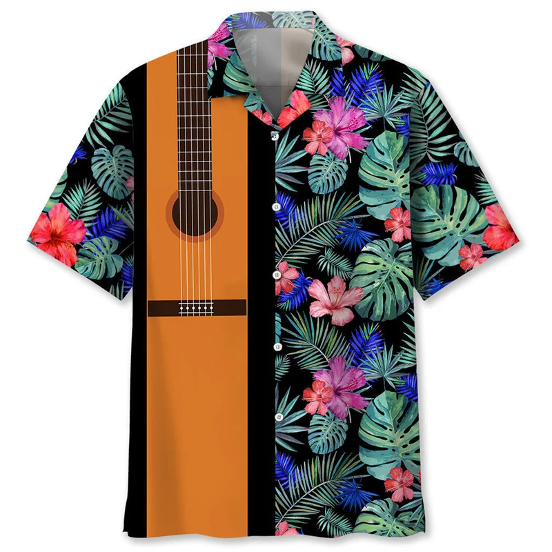 Tropical Plants Guitar 3d Printed Hawaiian Shirt For Men Musical Instrument Pattern Short Sleeves Shirt Lapel Button Blouse